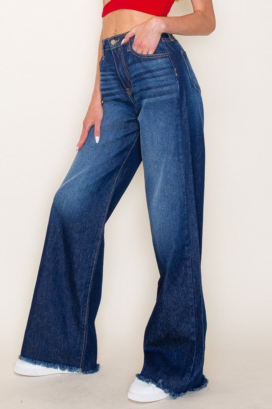 Casual Wide-Leg Frayed Jeans