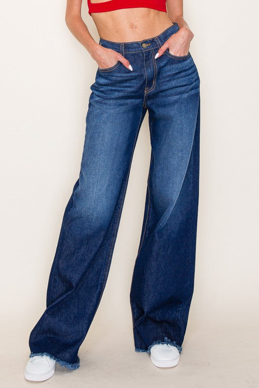 Casual Wide-Leg Frayed Jeans