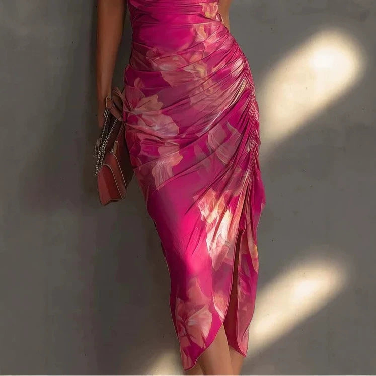 Carmine Red Backless Halter Maxi Dress – Printed High-Slit Slim-Fit Long Dress for Women