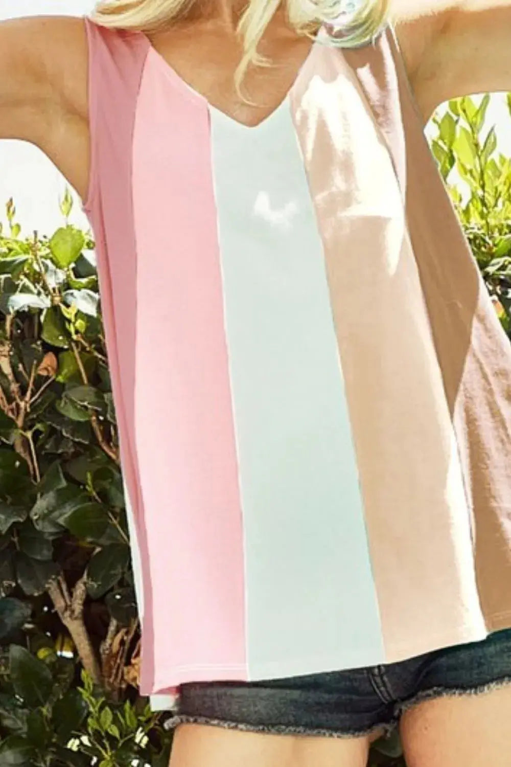 Knit Tank Top - Color Block Sleeveless - Casual Style