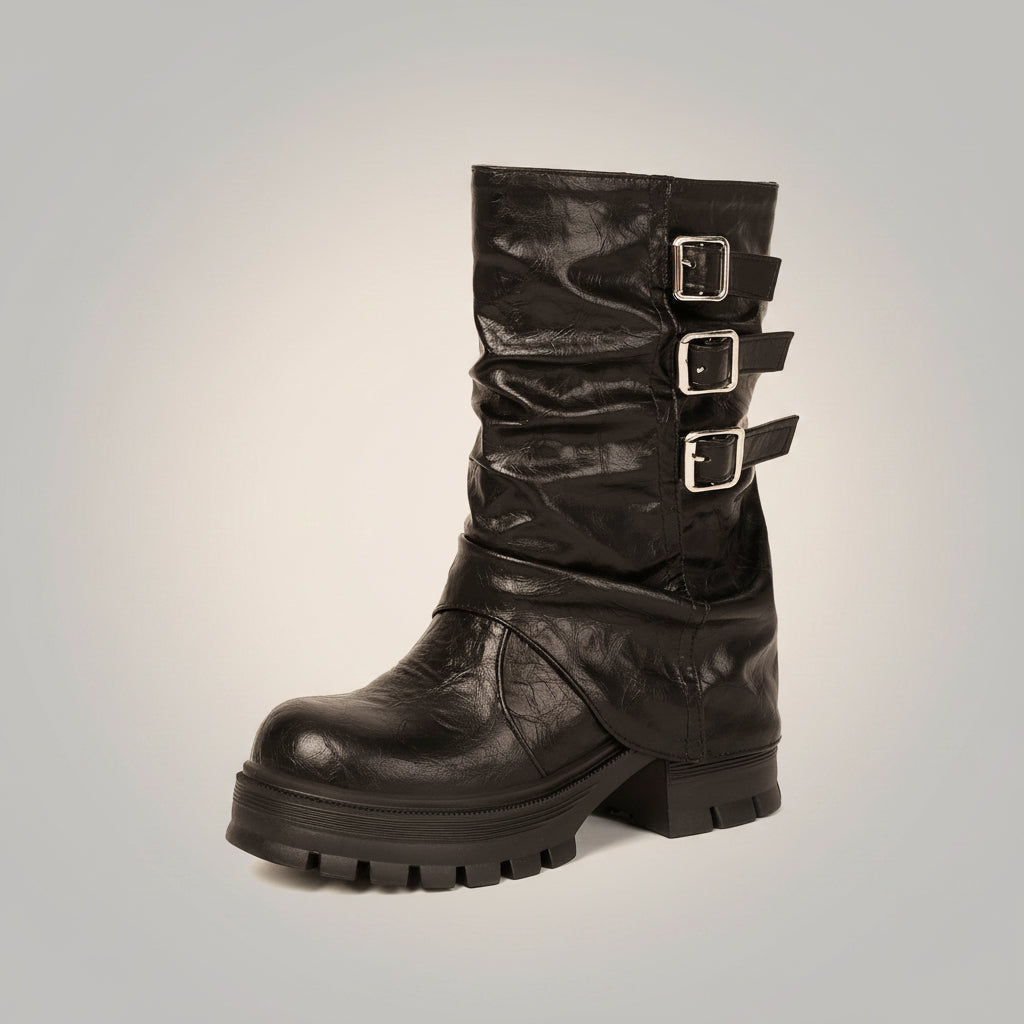 Women's Punk Slouchy Triple Buckle Mid-Calf Boots – Crinkled PU Platform