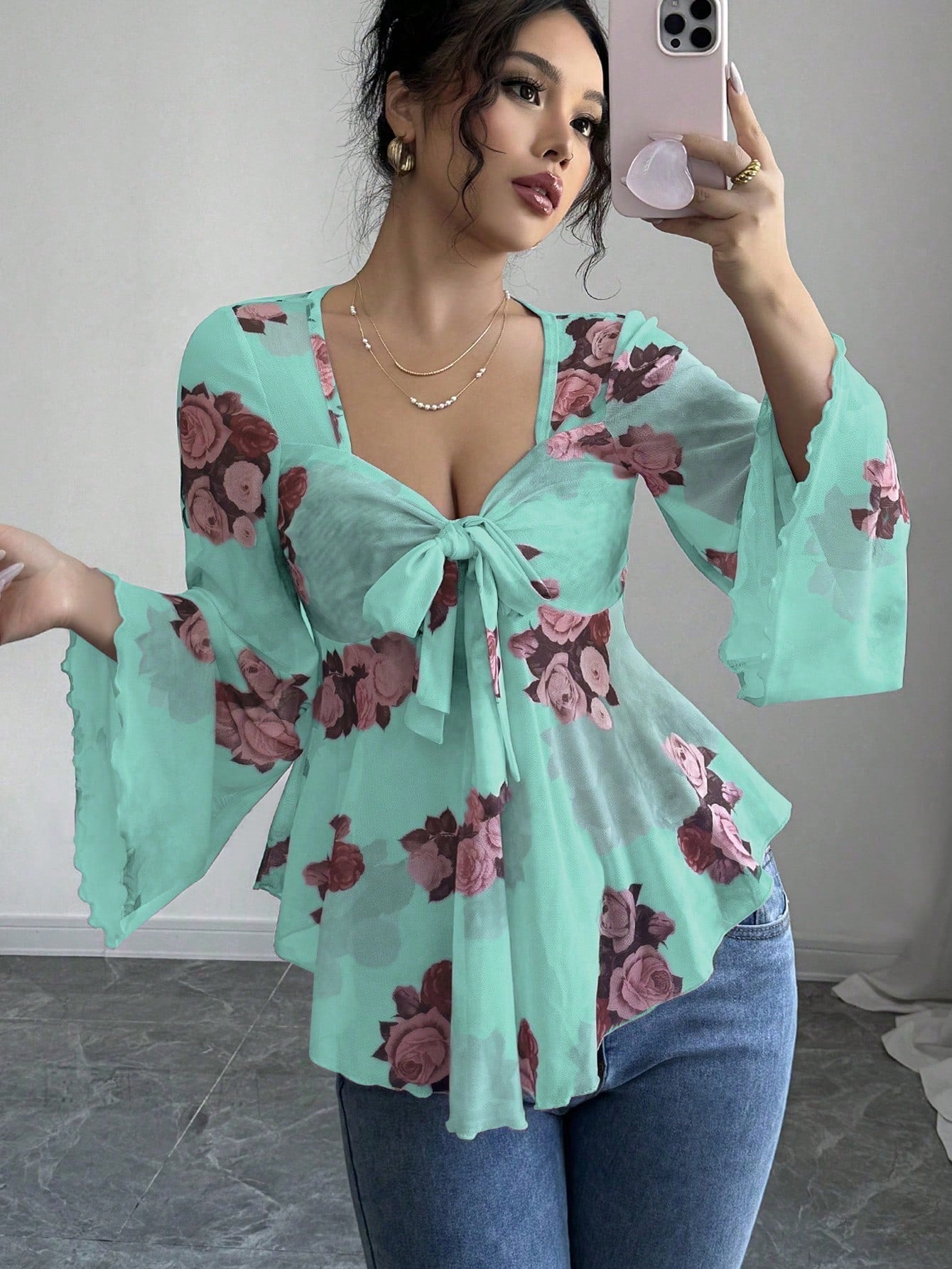 Floral Ombré Tie-Back Square Neck Long Sleeve Blouse – Sweet Style