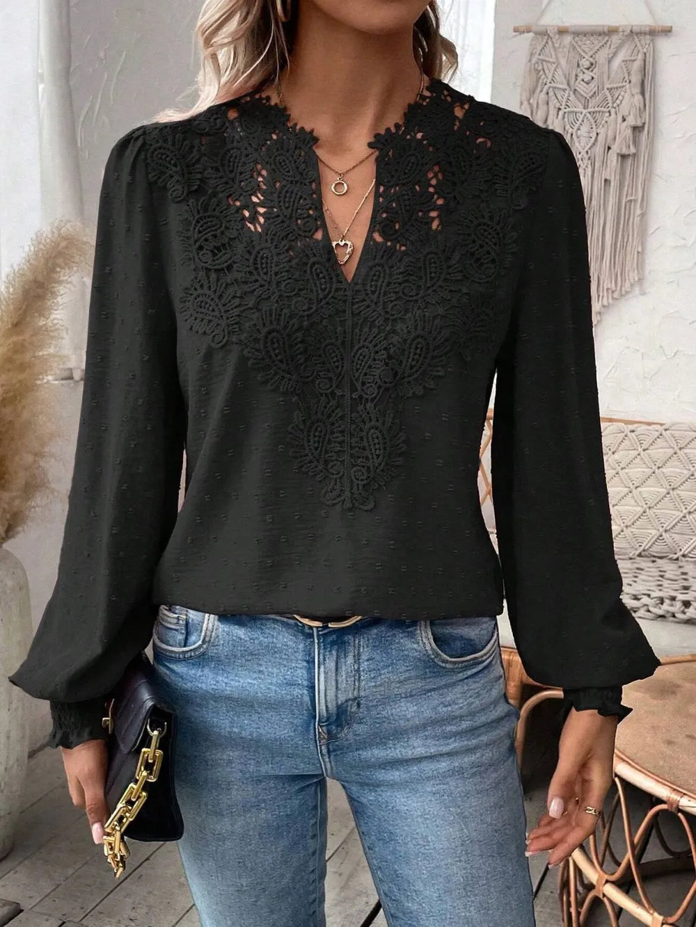 Swiss Dot Lace Detail Notched Long Sleeve Blouse – Feminine Style
