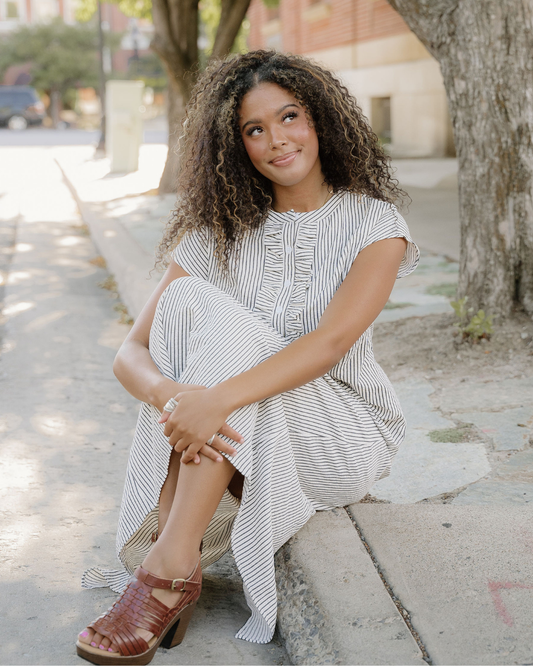 Holly Frilled Detail Half Buttons Short Sleeve Long Dress
