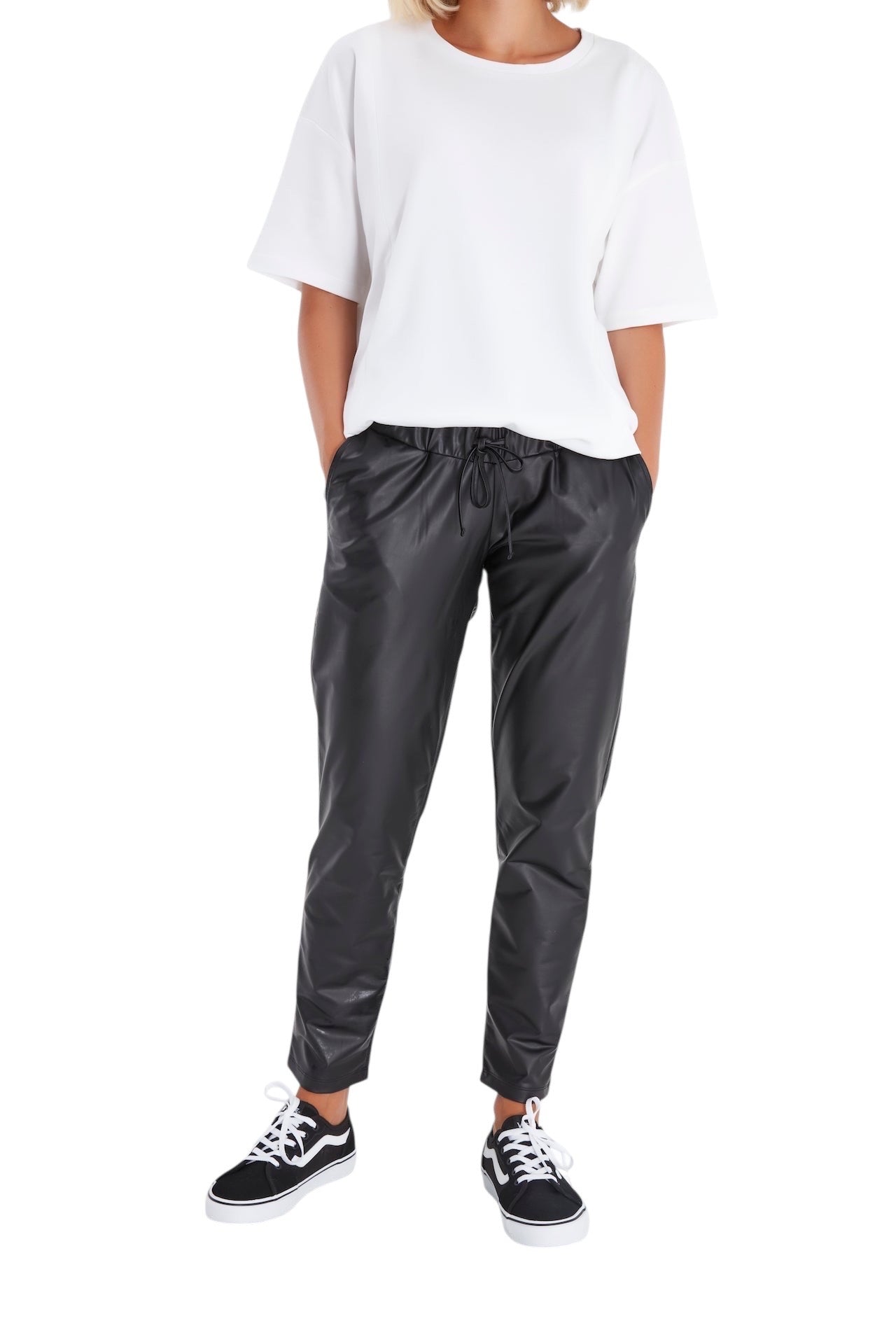Comfy Cool Foldover Waistband Faux Leather Maternity Jogger Pants