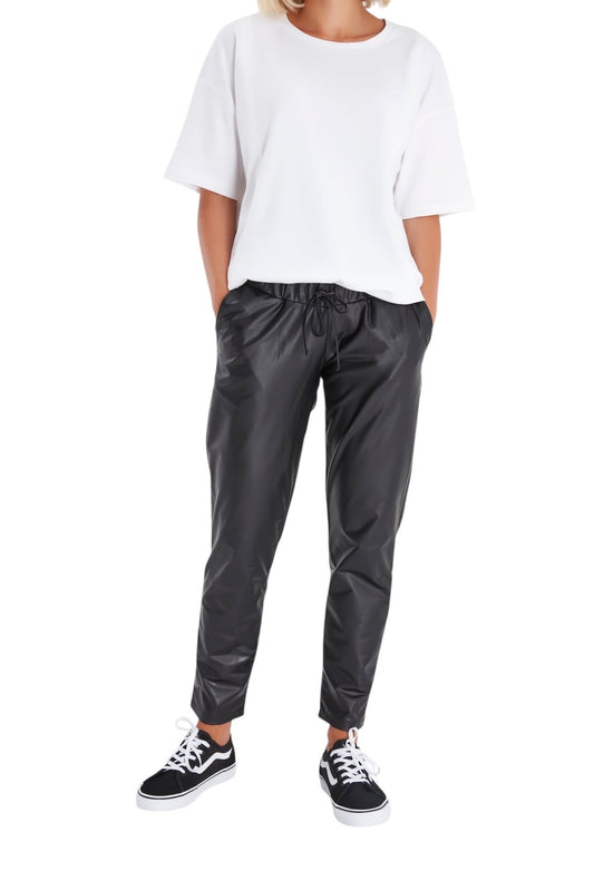 Comfy Cool Foldover Waistband Faux Leather Maternity Jogger Pants