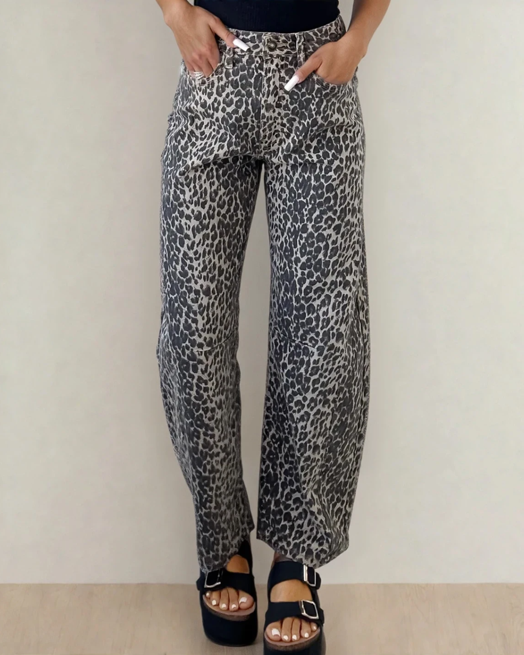 Naeve Leopard Print High Waist Barrel Jeans