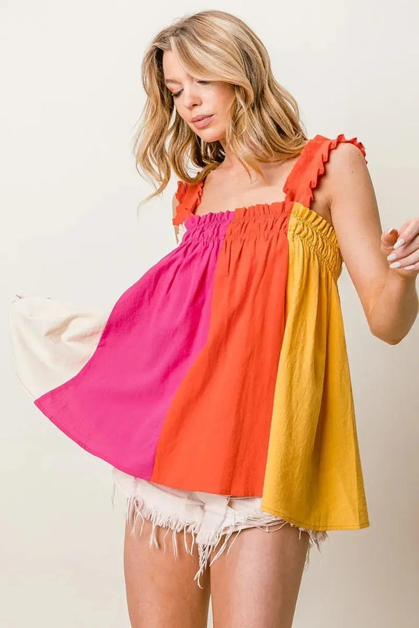 Tank Top - Color Block Frill Straps - Women's Casual