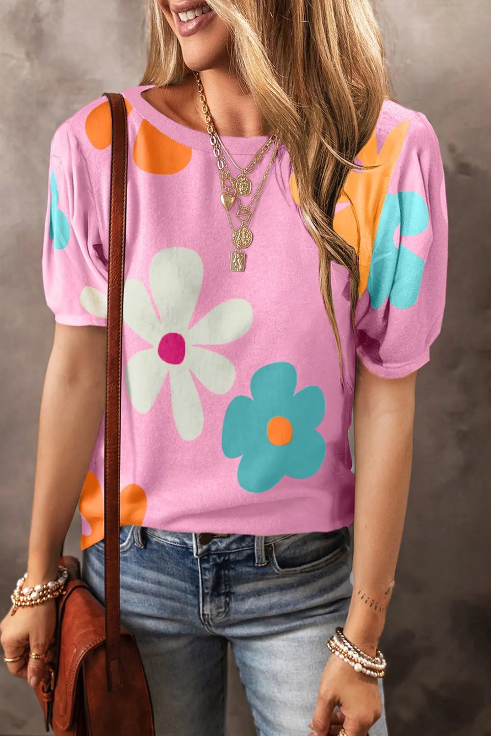 Women's Top - Floral Print Bubble Sleeve - Summer Daily Tee