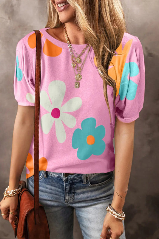 Women's Top - Floral Print Bubble Sleeve - Summer Daily Tee