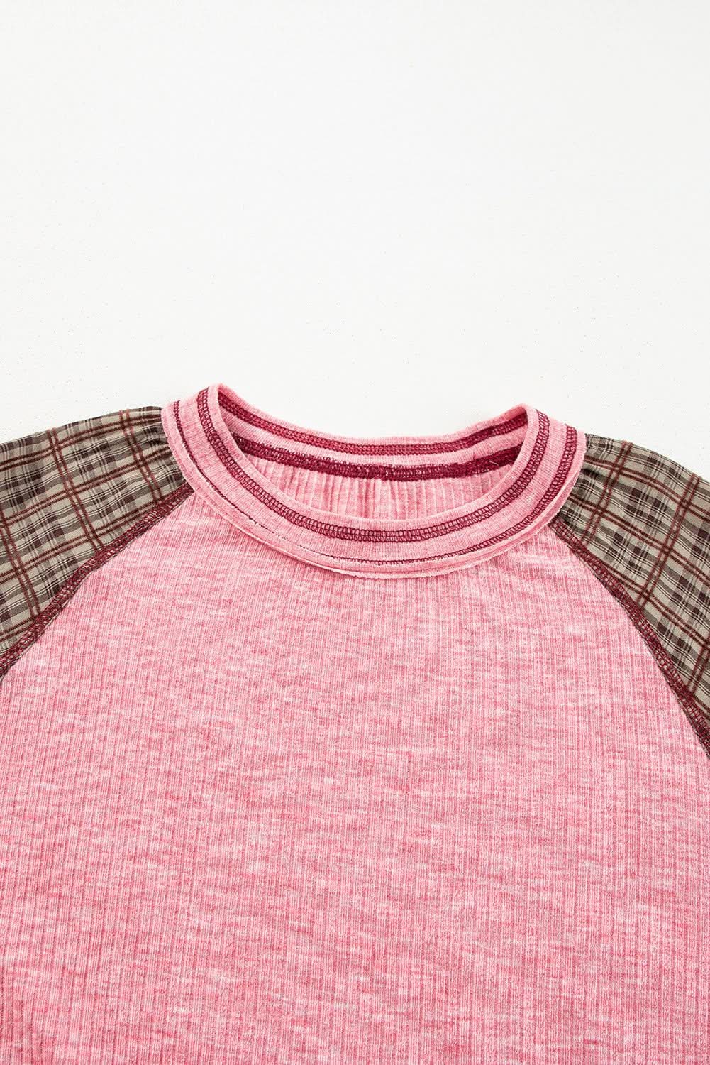 Love Salve Fushia Patchwork Top Women's Casual Knit Top: Ribbed & Raglan