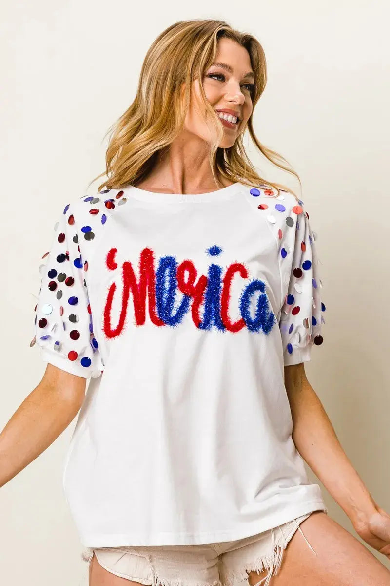 Women's Tee - Metallic Letter Puff Sleeve - Stylish Casual Top