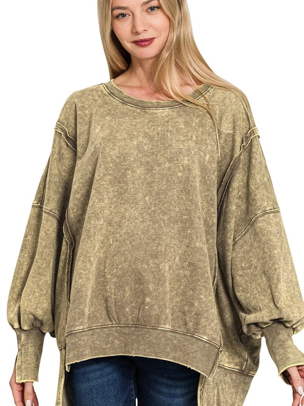 Acid Wash Exposed-Seam High Low Sweatshirt