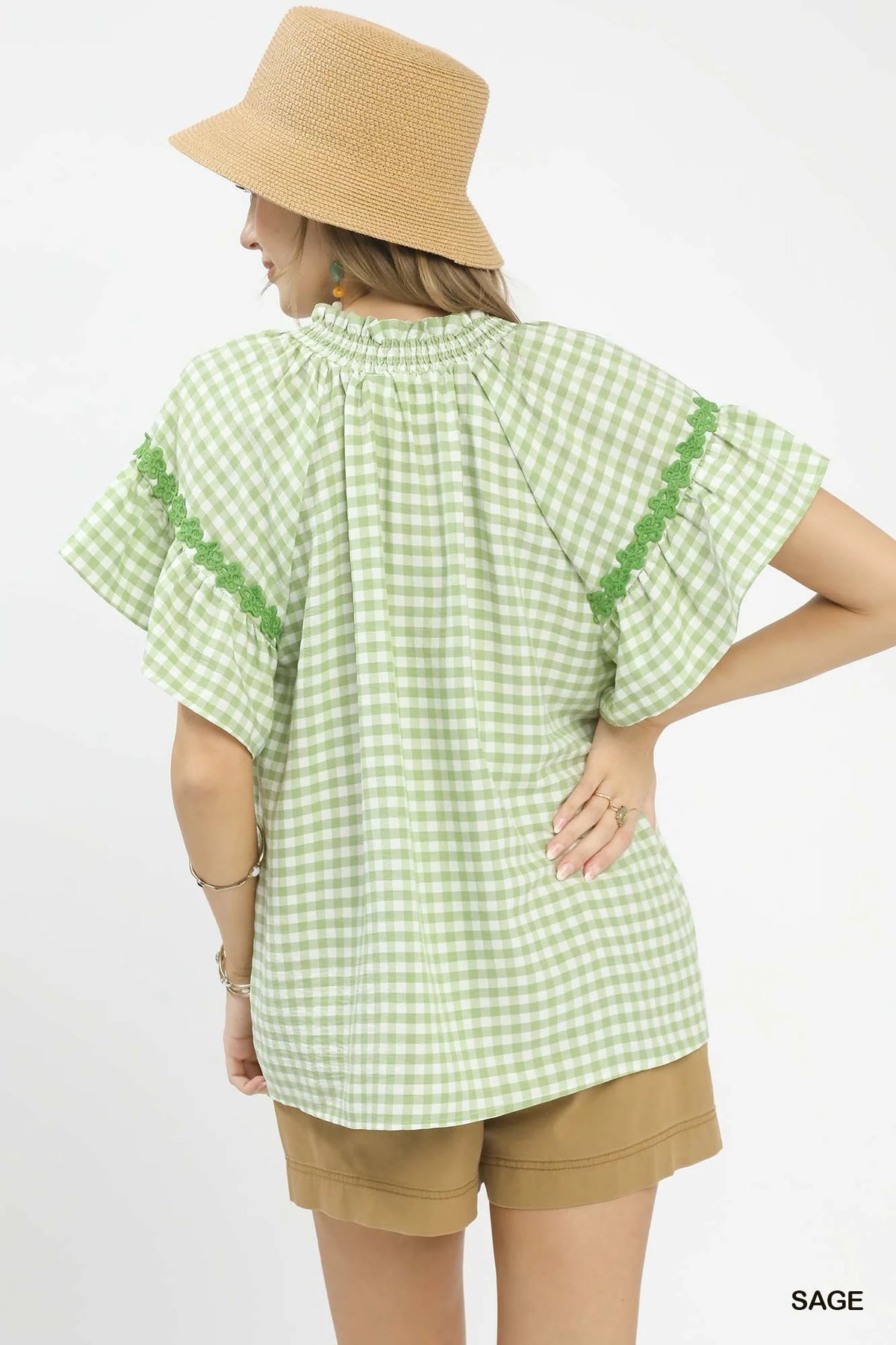 Umgee Gingham Lace Trim Top in Sage