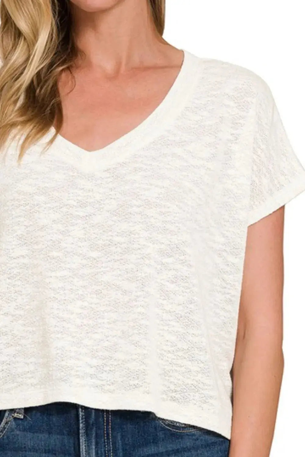 Women's V-Neck Top - Soft & Comfy Hacci - Casual Crop Tee
