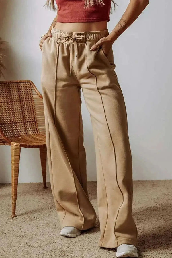Trendsi Wide Leg Trousers Women's Casual Drawstring Pocketed Pants Comfortable Fit
