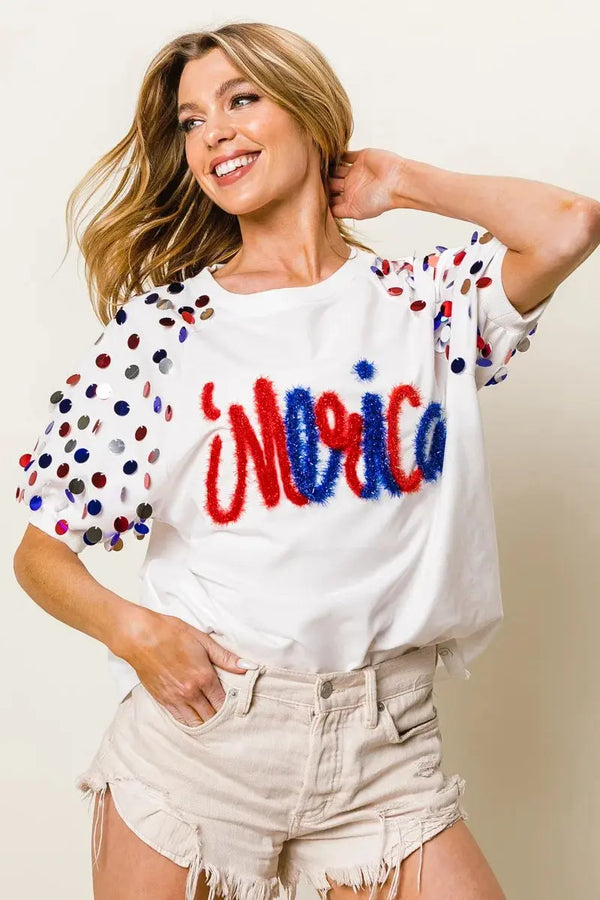 Women's Tee - Metallic Letter Puff Sleeve - Stylish Casual Top
