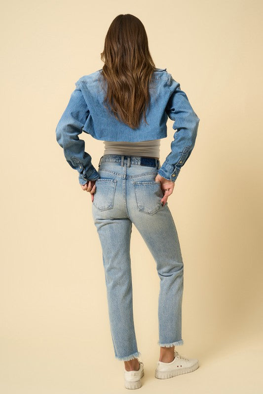 High Rise Frayed Hem Straight Jeans