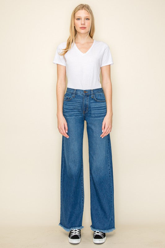 Casual Wide-Leg Frayed Jeans