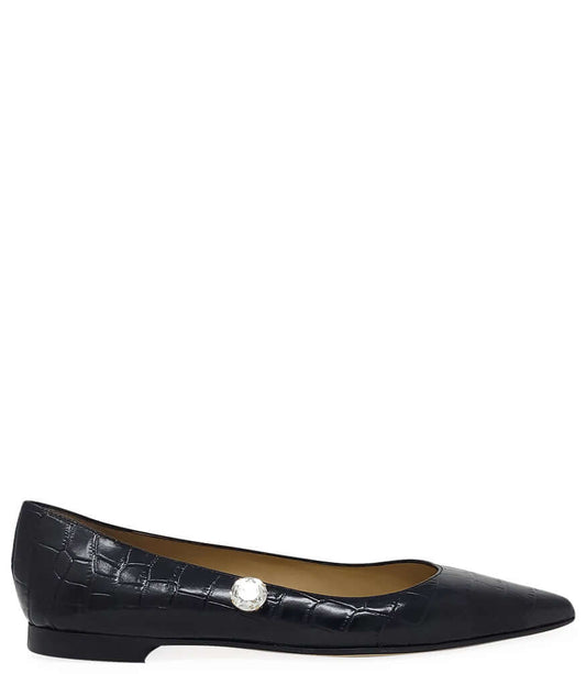 Black Leather Croc Print Flat Pointy Ballet