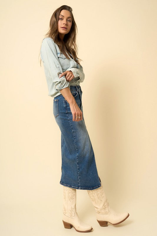 Crossover denim midi skirt