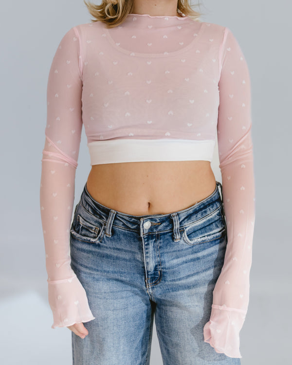 Heart Mesh Mock Neck Halftee