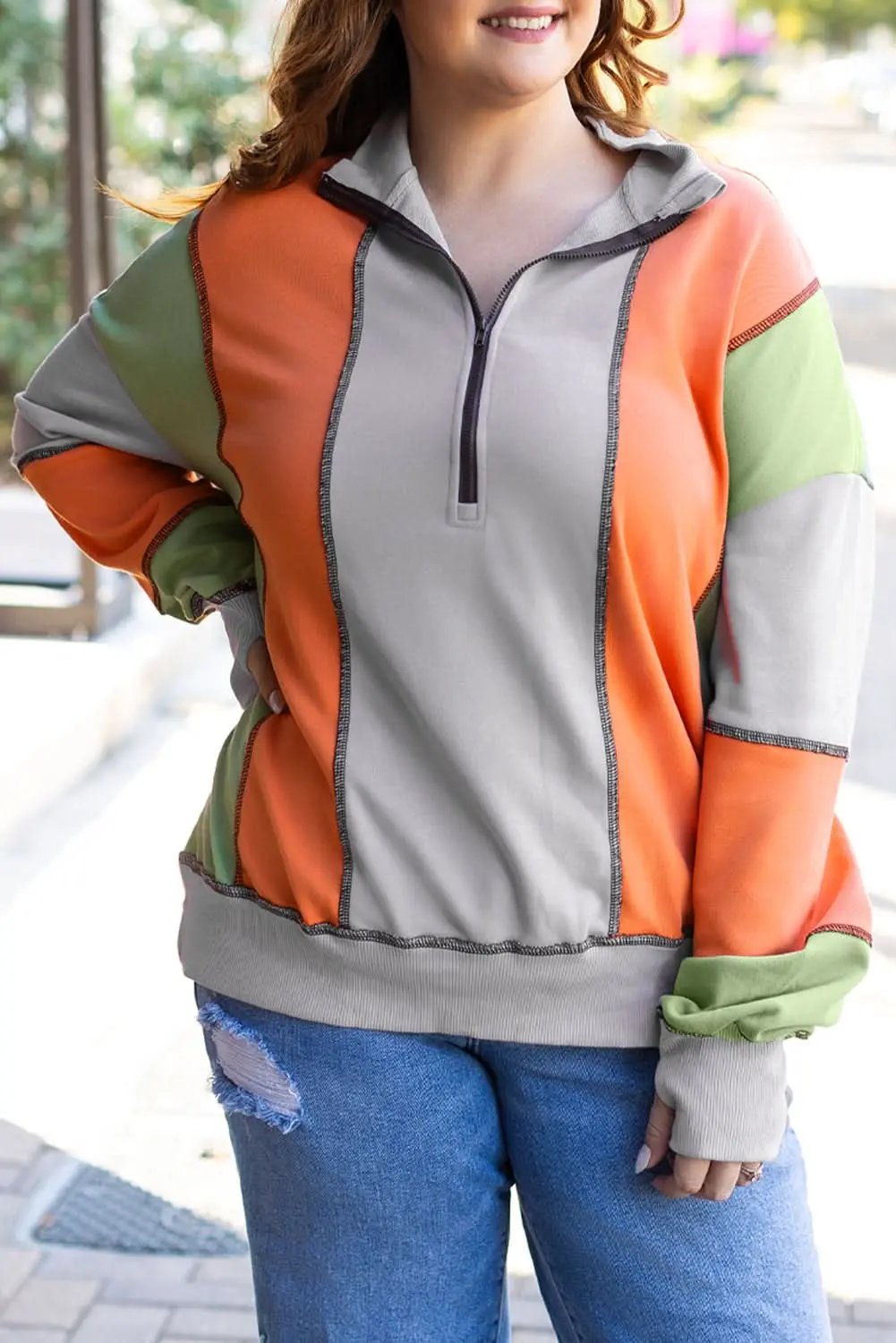 Love Salve Grey Colorblock Women's Half Zip Sweatshirt Cozy Fit Stitch Detail