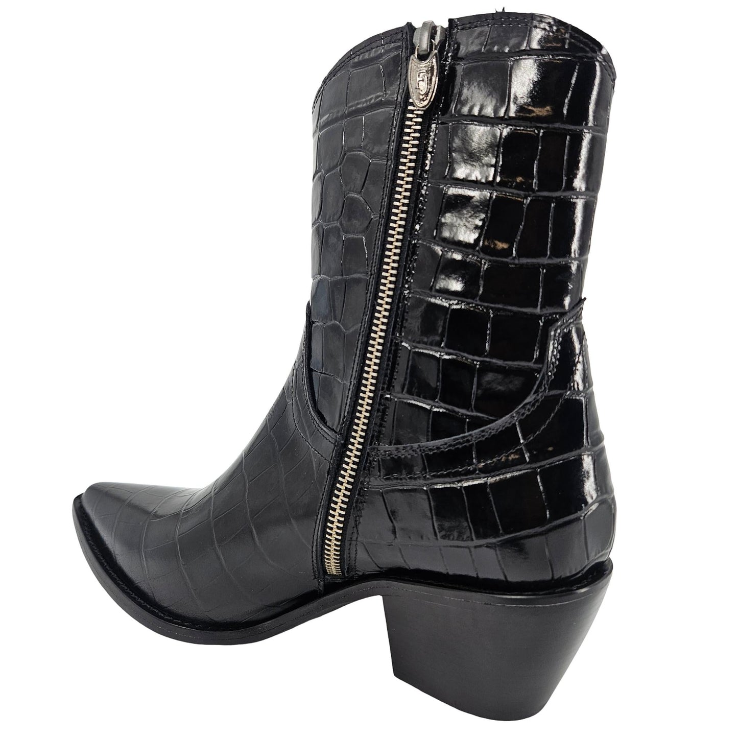 Black Leather Croc Embossed Pointy Ankle Boot