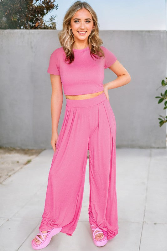 Pink Crop Top and Pleated Wide Leg Pants Set