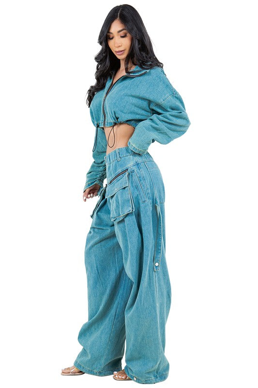 FAHION DENIM TWO PIECE PANT SET