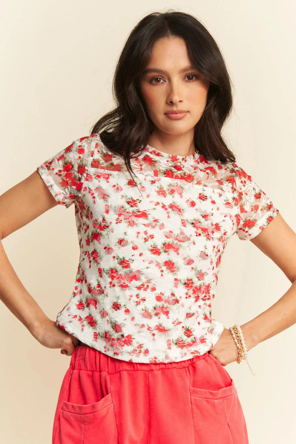 Ribbon Mesh Layered Top - Short Sleeve - Cute Tee