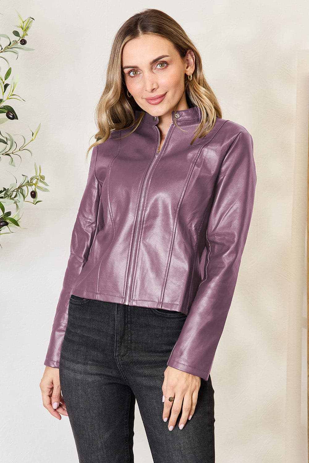Trendsi Chic mock neck zip-up jacket