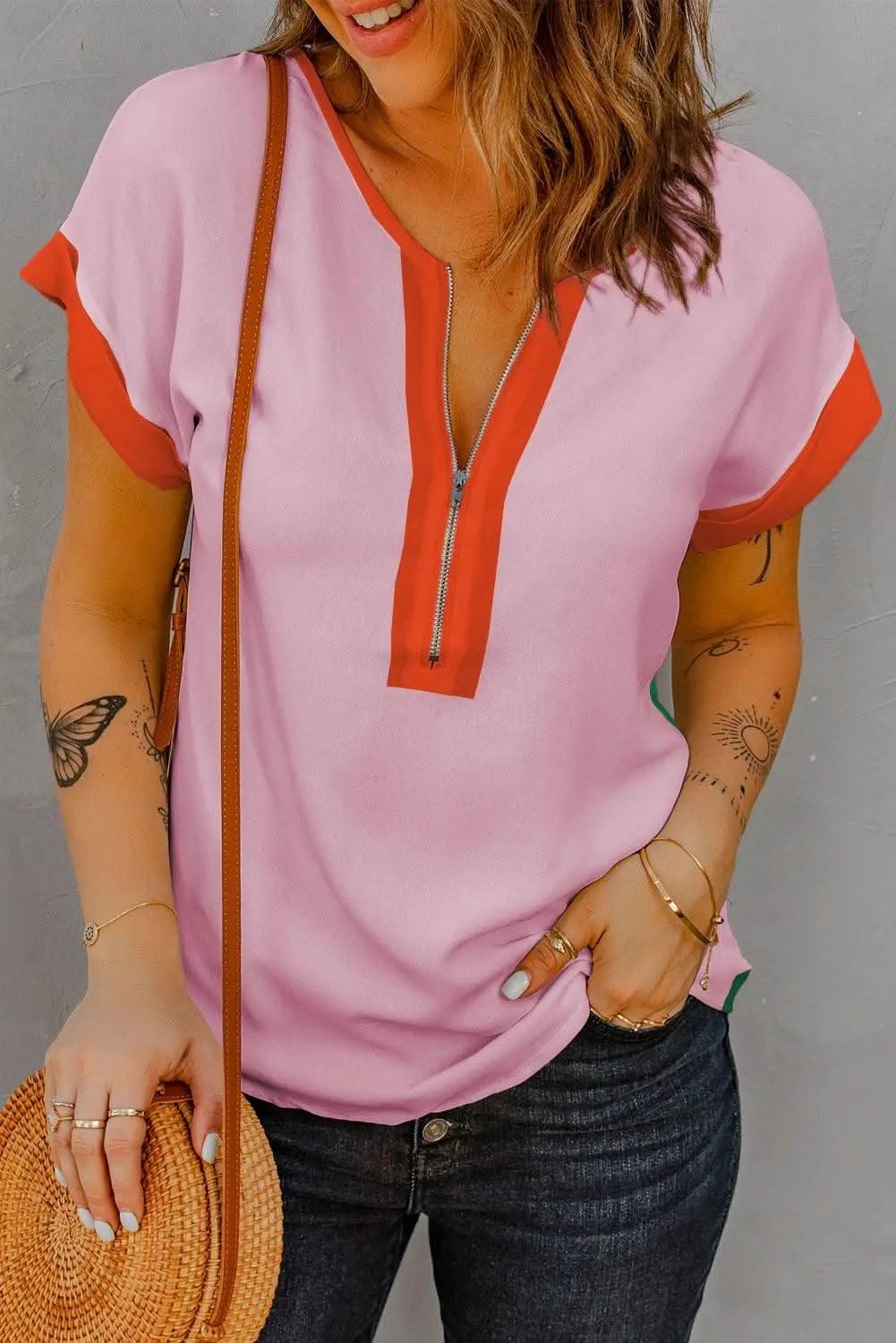 Women's T-Shirt - Rose Red Color Block Zipped Front - Trendy Top