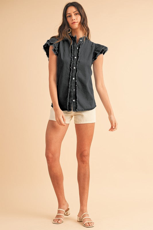 Button Front Ruffled Flutter Frayed Denim Top