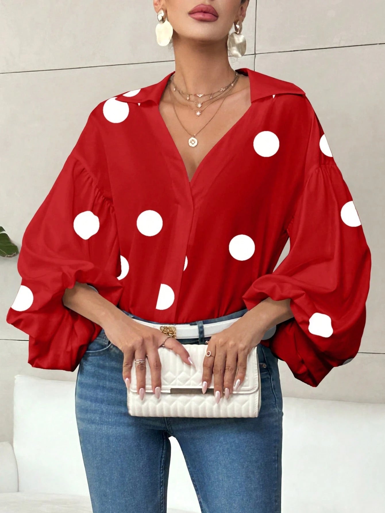 Polka Dot Loose Bubble Sleeve Top – Half-Open Neck Long Sleeve