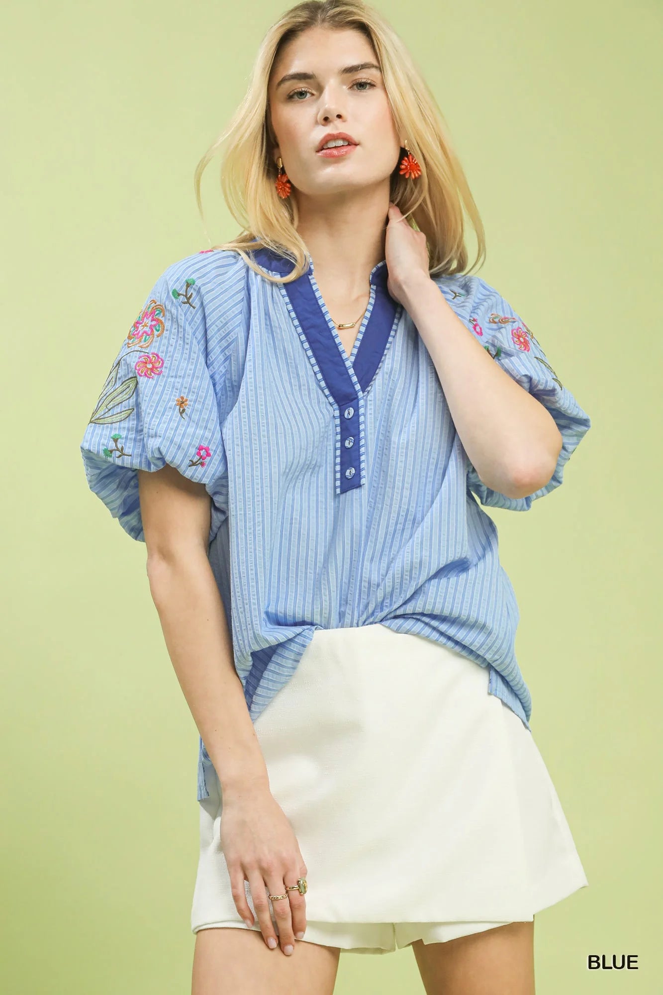 Umgee Embroidered Stripe Top in Blue