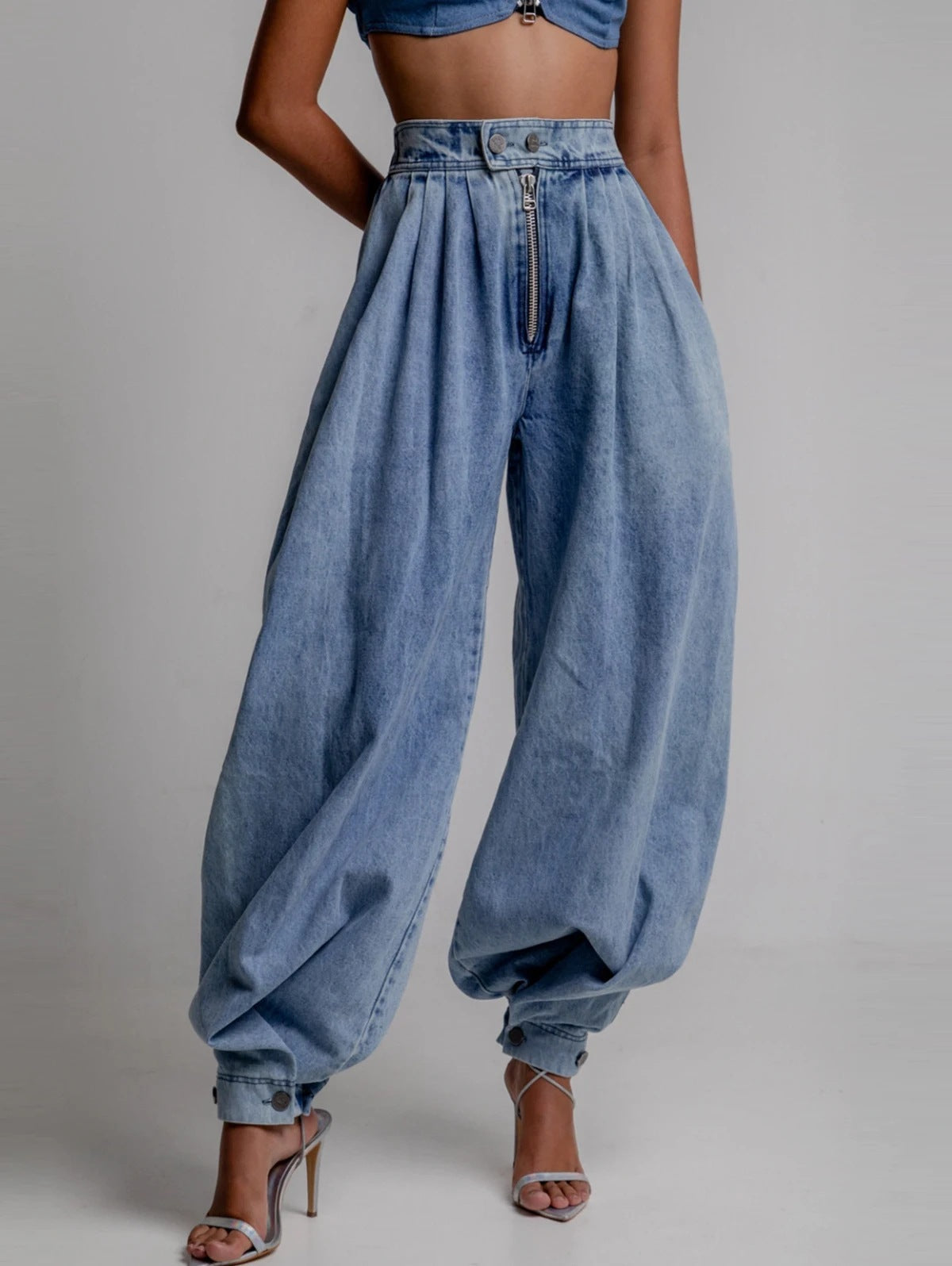 High Waisted Leg-Tie Jeans – Zipper Detail Button Closure Long Pants