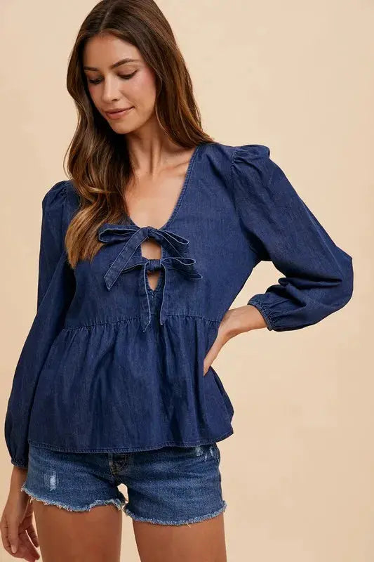 Denim Peplum Top - Navy Blue - Annie Wear Style
