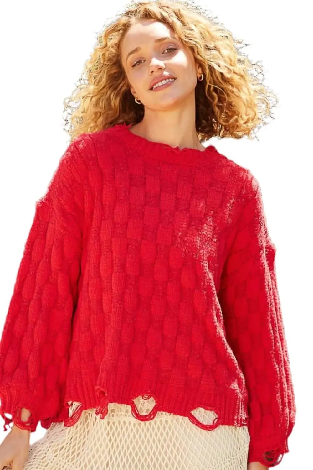 Trendsi Checkered Sweater Women's Distressed Knit Top USA Shipped