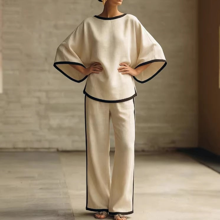 Loose Bat Sleeve Two-Piece Set – Round Neck Top & Wide Leg Pants