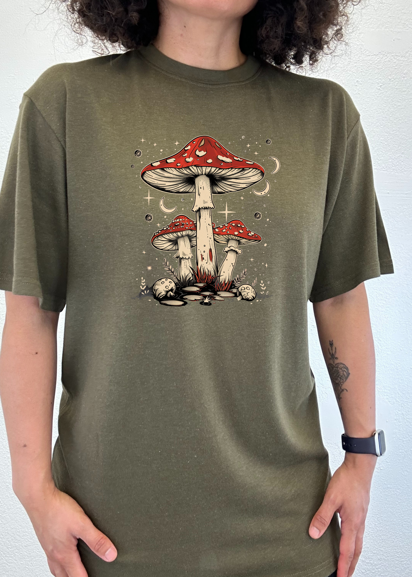 Boho Retro Hippie Mushrooms Natural Unisex Bamboo/Cotton Graphic T-Shirt