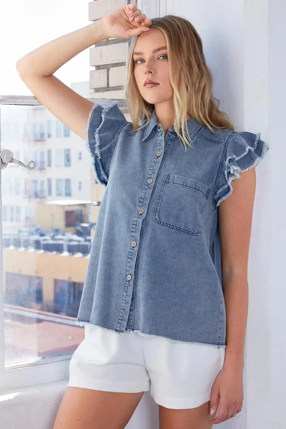 Denim Shirt - Ruffle Collared Short Sleeve - Casual Cute