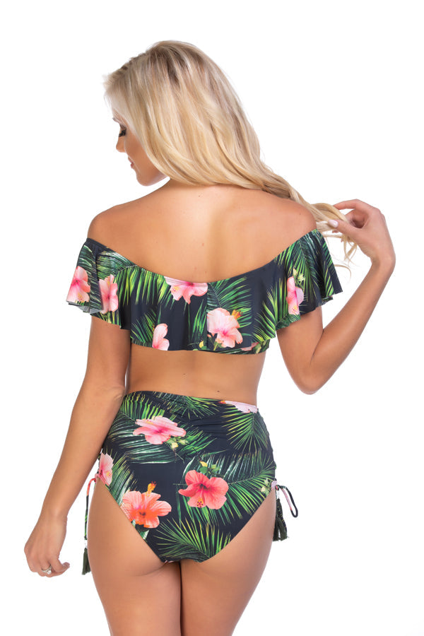 BLACK TROPICAL RUFFLED OFF THE SHOULDER BIKINI SET