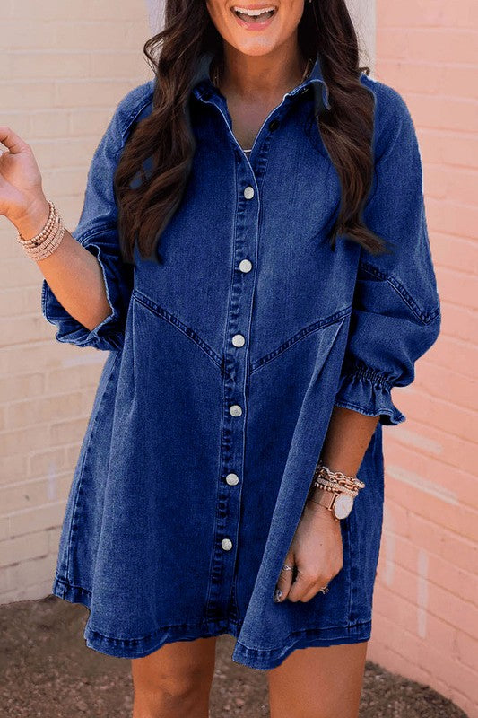 Women Buttoned Long Sleeve Denim Mini Dress