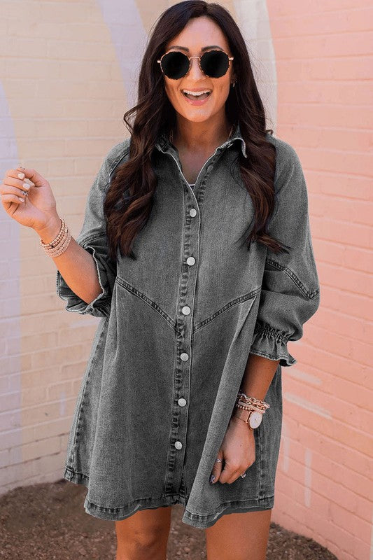 Women Buttoned Long Sleeve Denim Mini Dress