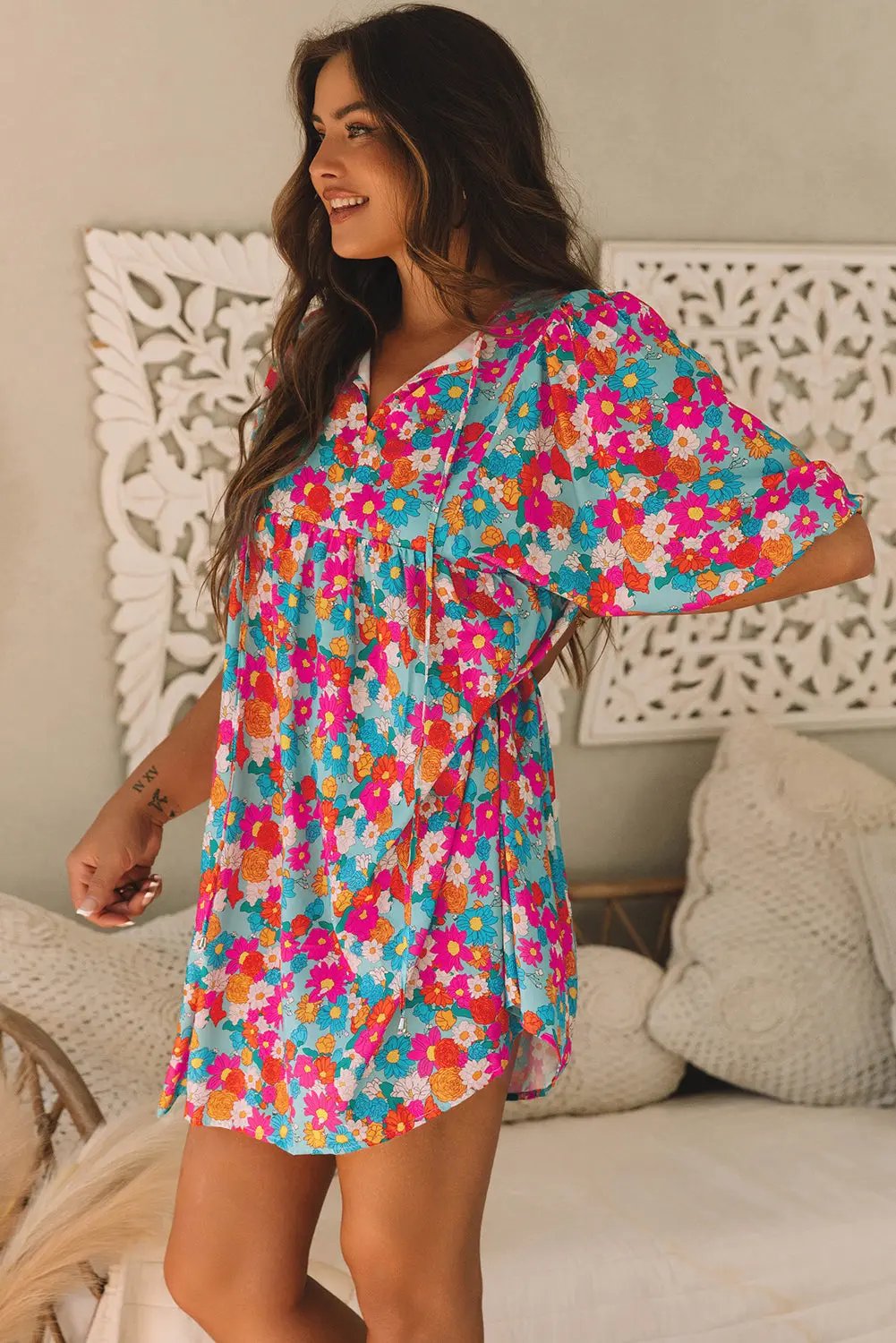 Babydoll Dress - Floral Print & Cute Sleeves - Summer Style