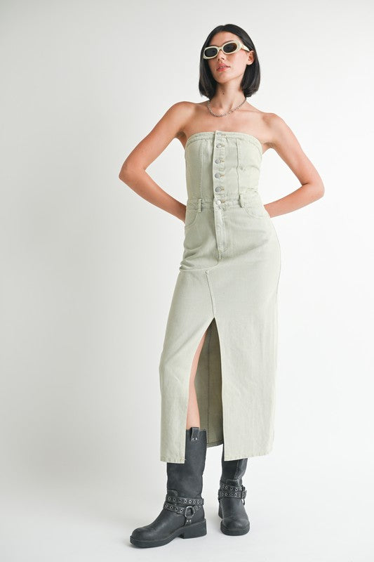 Button Up Tube Denim Dress with Slit - Washed Denim / L Button Up Tube Denim Dress with Slit - Washed Denim / L