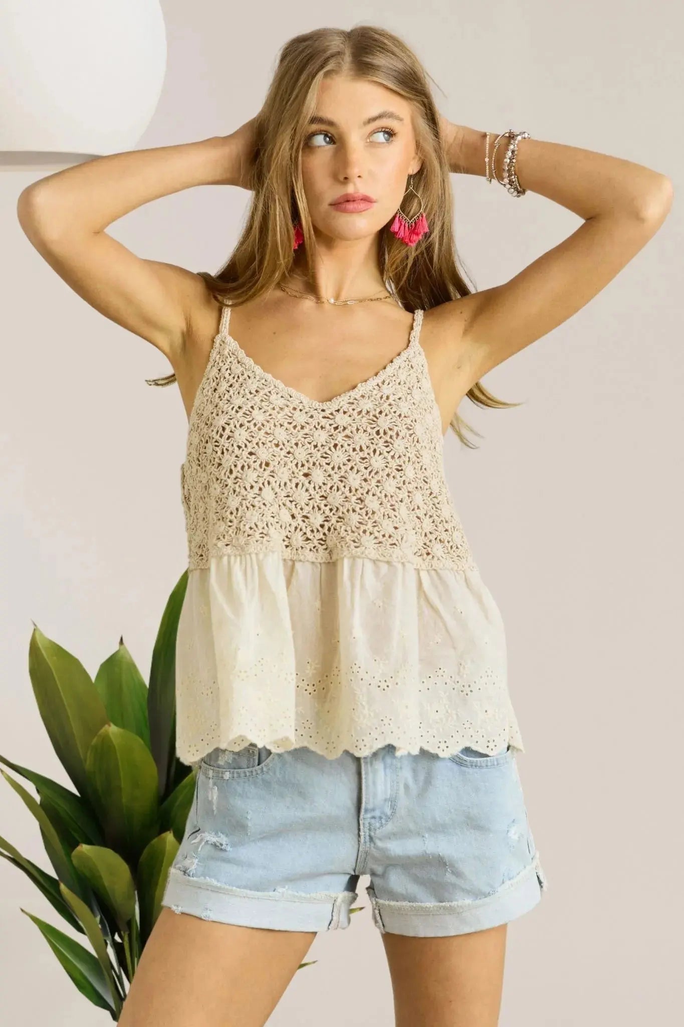 Crochet V-Neck Tank Top - Beige