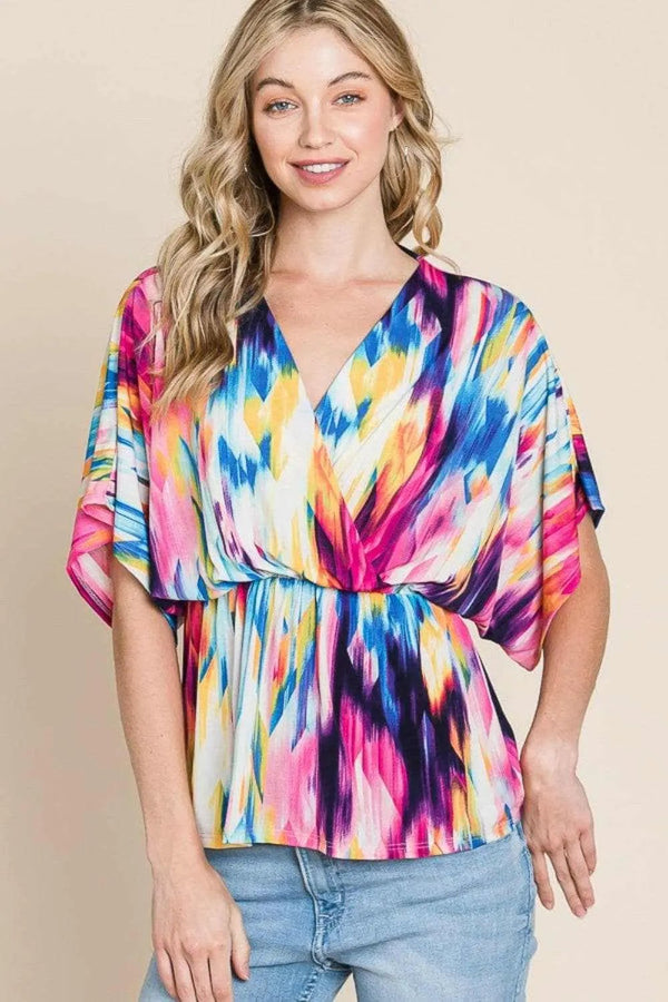 Trendsi BOMBOM Printed Surplice Peplum Blouse