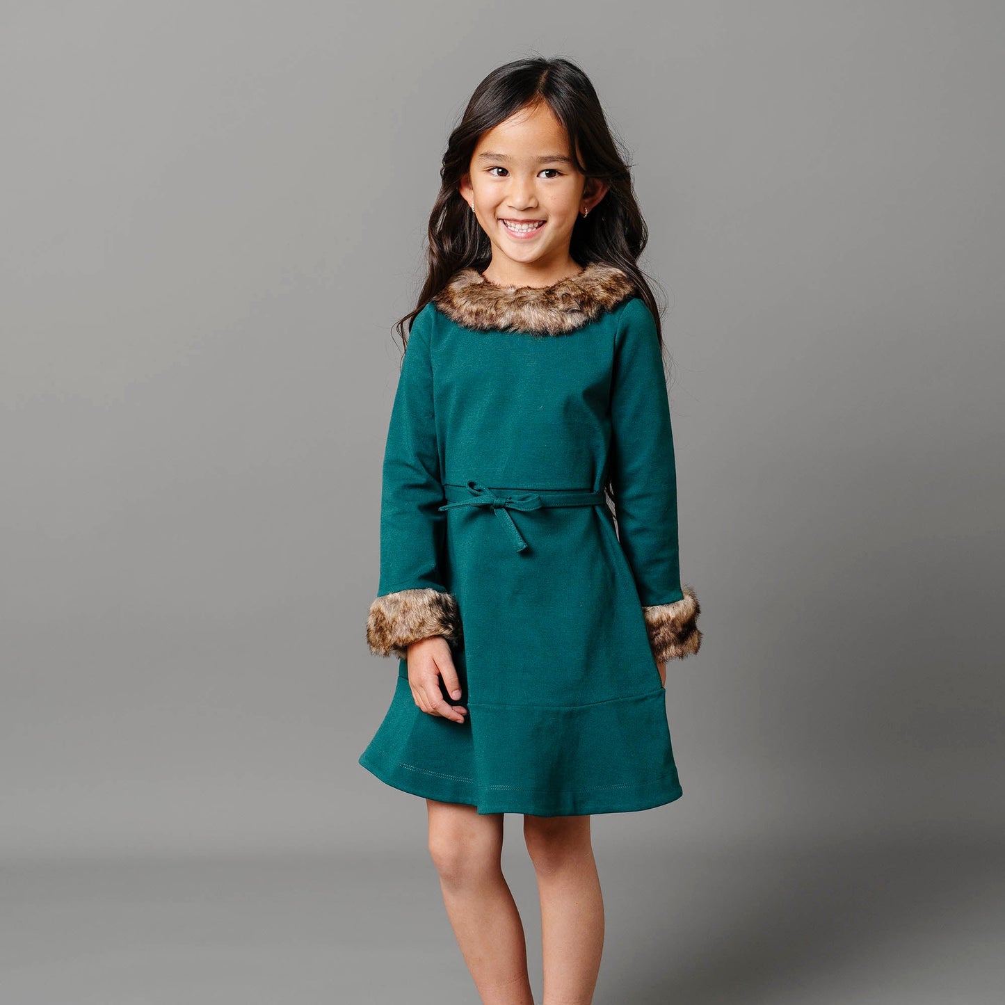 Long Sleeve Ponte Dress with Faux Fur